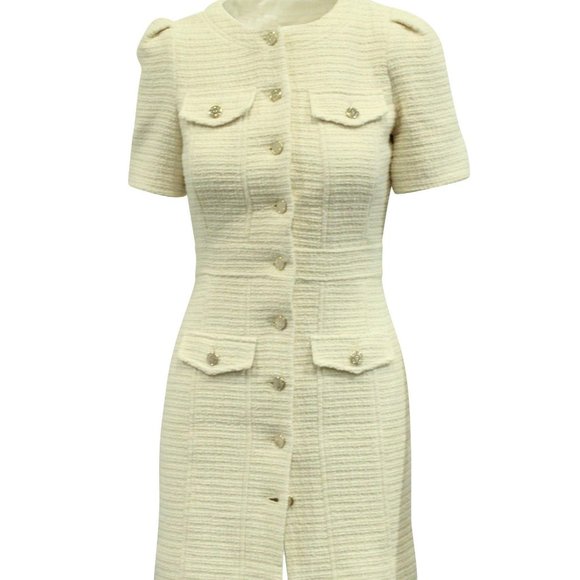 Maje Rillio Bouclé Tweed Dress In Ecru Cotton - Picture 1 of 5